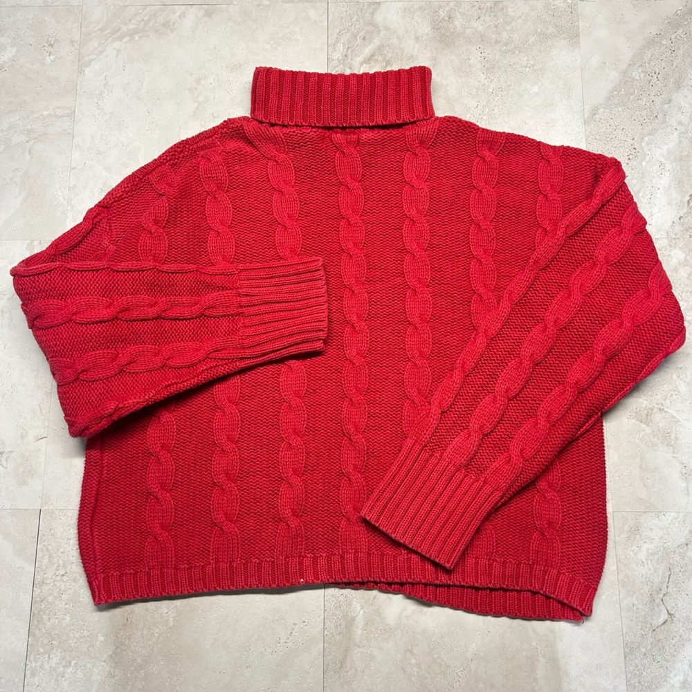 St Johns Bay Turtleneck Sweater Red Women Large Cable Knit Cotton USA Made